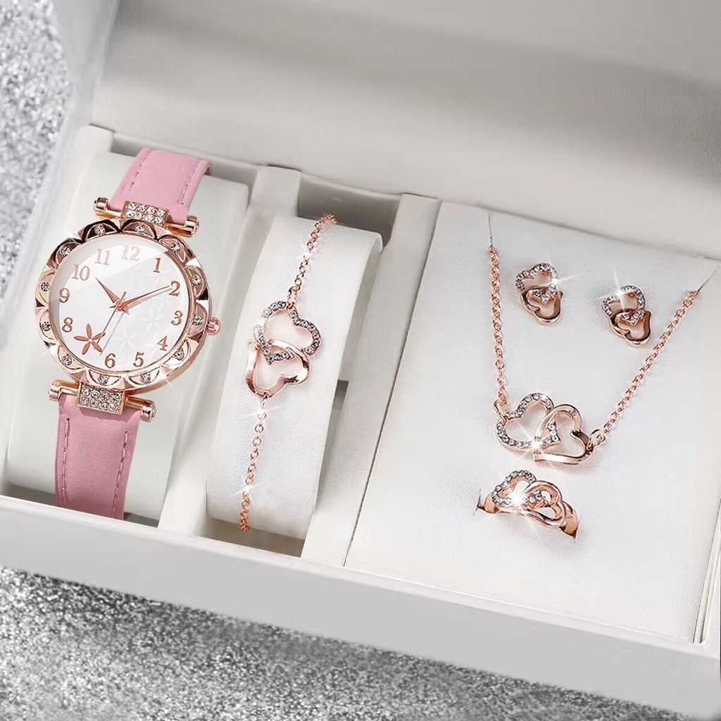 Pink watch + accessories four-piece set