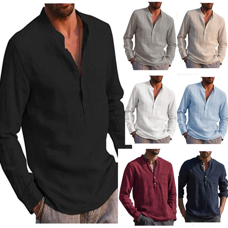 2024 AliExpress wish Amazon Hot Sale Men's Long Sleeve V-Neck Casual Beach Shirt Men's