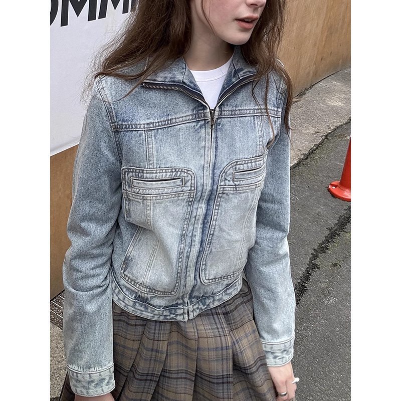 街头复古做旧浅蓝色牛仔外套女春秋新款设计感小个子夹克短款上衣|undefined