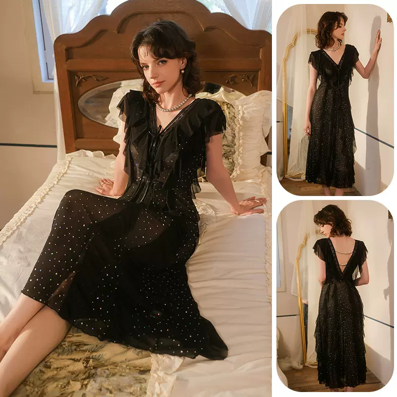 慕菲法式复古亮片网纱礼服裙深V领荷叶边透视长裙性感家居睡衣978