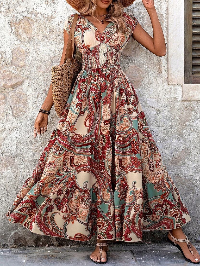 Cross-Border Vacation Style Printed Strapless For Women Summer V-Neck Short Sleeve Bohemian Fashion Long Dress_ecoleips.com