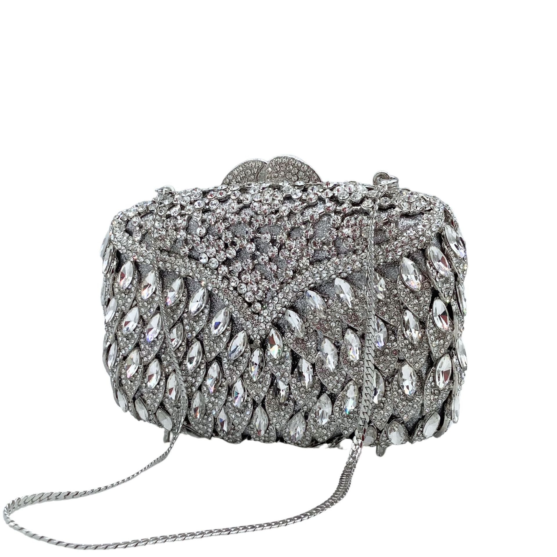 Túi clutch dạ hội nữ đính đá rhinestone kim loại rỗng cầm tay dự tiệc 17x12x5 cm — Nền vàng kim cương trắng, Màu bạc, Màu sâm panh, Màu xám