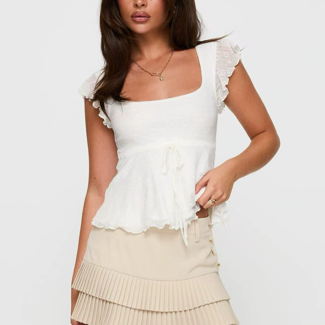 Amazon AliExpress Европейский и Американский пузырь с морщинистым деревянным ухом с наполовину рукавами Короткий топ весной и летом тонкая футболка с короткими рукавами A