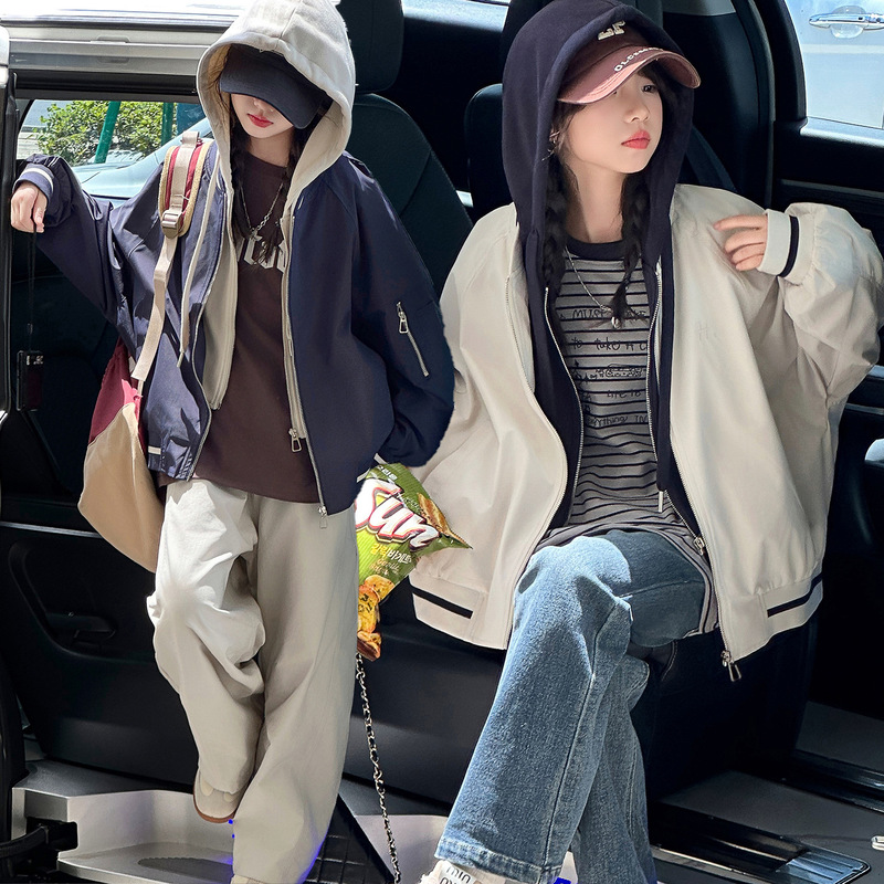 女童外套秋装2025新款儿童洋气假两件连帽外套中大童时尚冲锋衣潮|undefined