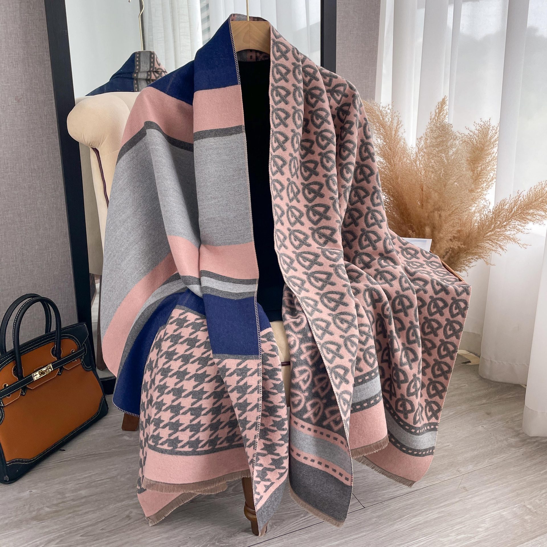 Dames sjaal met hanenpootpatroon van imitatie kasjmier_voghion.com