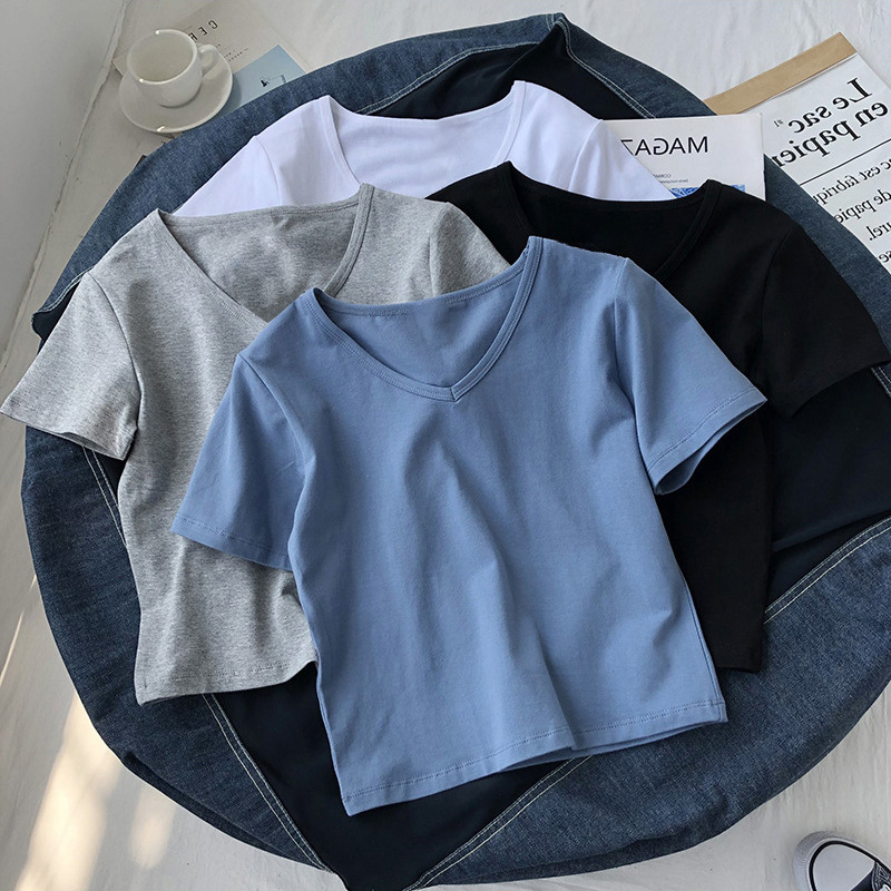 Ins European and American Style Tight-Fitting Short-Sleeved V-Neck Solid Color Short T-Shirt for Women 2025 Summer Slimming High-Waisted Crop Top for Women Ins European and American Style Tight-Fitting Short-Sleeved V-Neck Solid Color Short T-Shirt for Women 2025 Summer Slimming High-Waisted Crop Top for Women