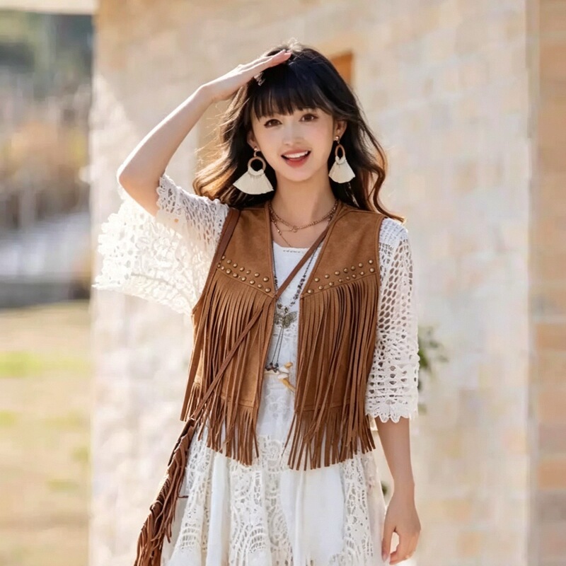 2026 Summer New European and American Cross-Border Style Women's Studded Tassel Vest Outerwear Hippie Tank Top Cardigan Sleeveless Top
