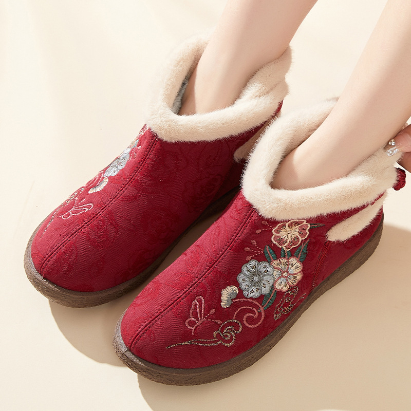冬季老年棉鞋刺绣花朵民族风汉服馆鞋子女加绒加厚高帮保暖棉靴子