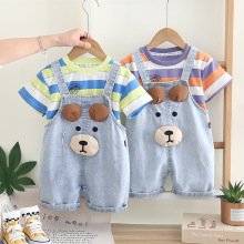 五小七童装2025夏款新款0-4岁中小童男童女童彩条笨笨熊背带2件套