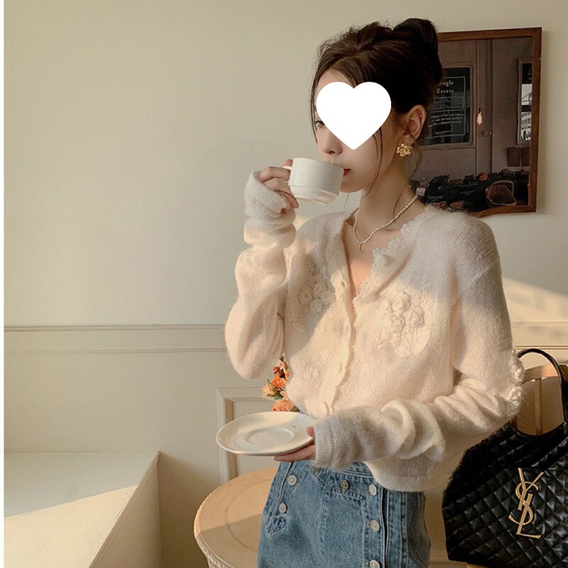 白色马海毛立体钩花针织开衫女春秋减龄2023百搭软毛衣薄款冰丝|undefined