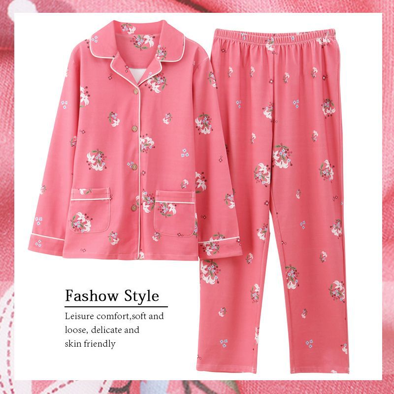 Pijamas de mujer primavera y otoño 100% algodón de manga larga delgada madre de mediana edad y ropa para el hogar de algodón de mediana edad y edad avanzada