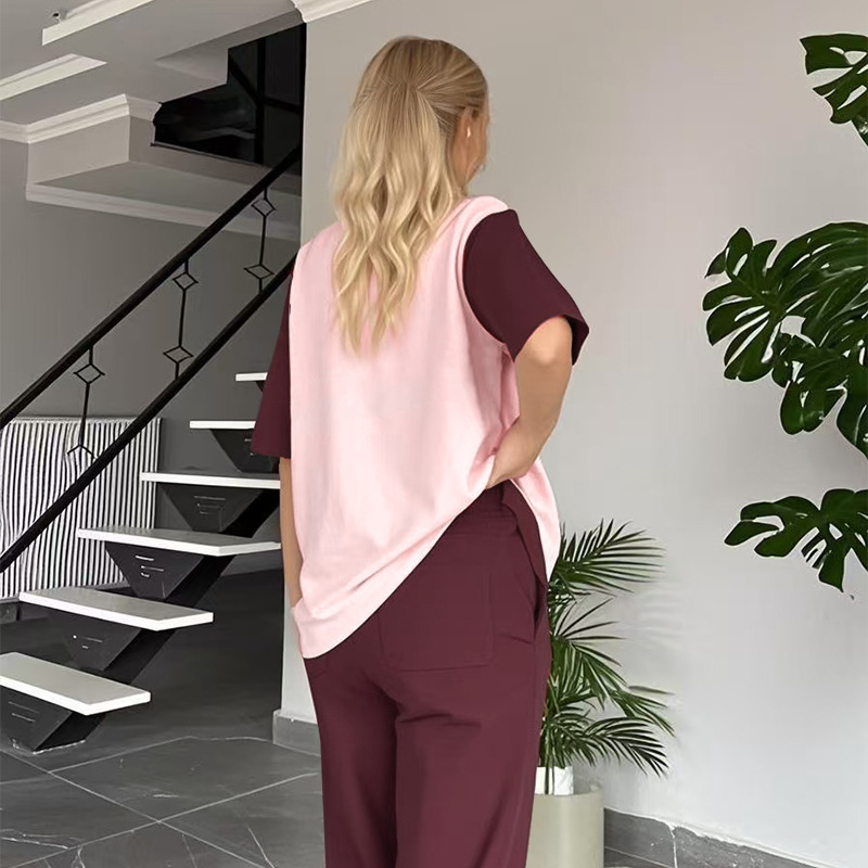 Summer Contrast Color round Neck Short Sleeved T shirt Women Casual Wide Leg Pants Two Piece Sets