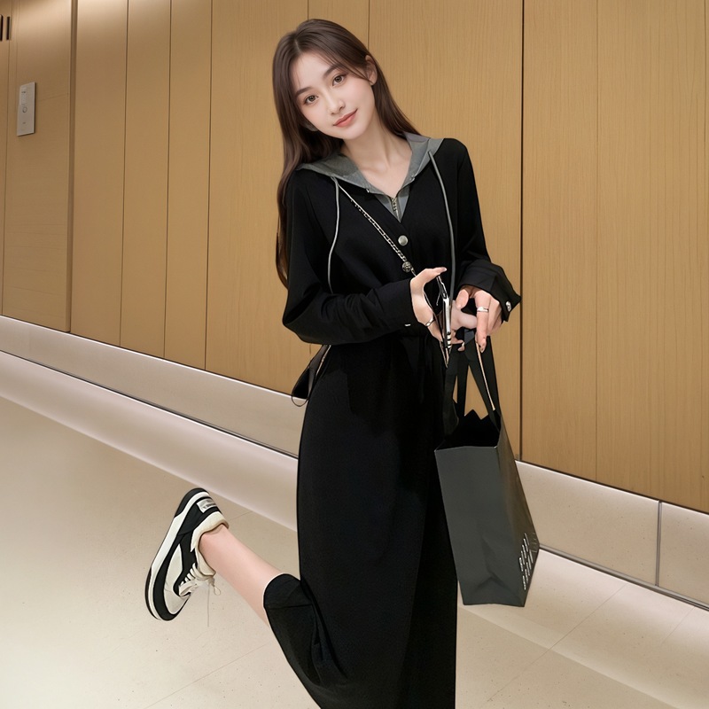 2025秋冬季新款女士休闲显瘦假两件连帽卫衣裙时尚气质收腰连衣裙|undefined