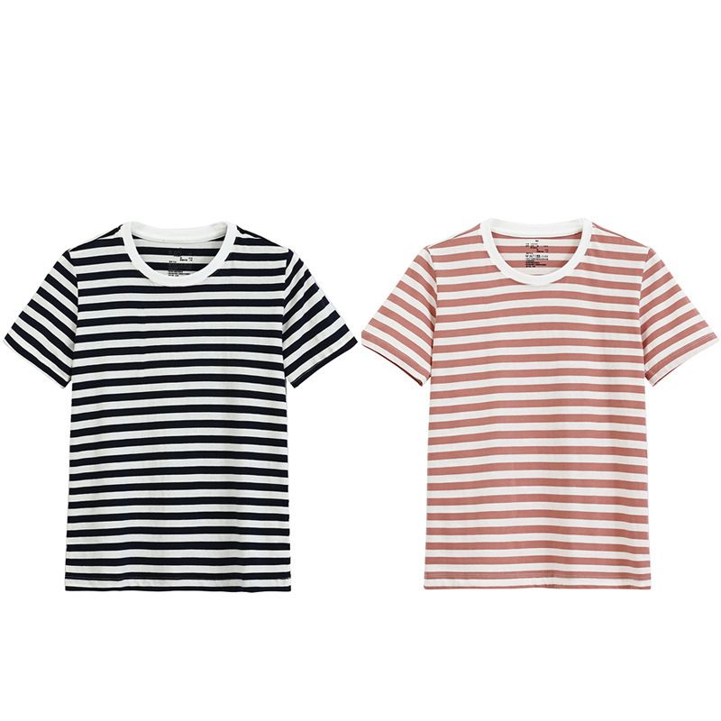 MUJI Japanese Style Good T-shirt Women's Pure Cotton Striped T-shirt Indian Cotton T-shirt Tianzhu Woven Round Neck Short Sleeve T-shirt