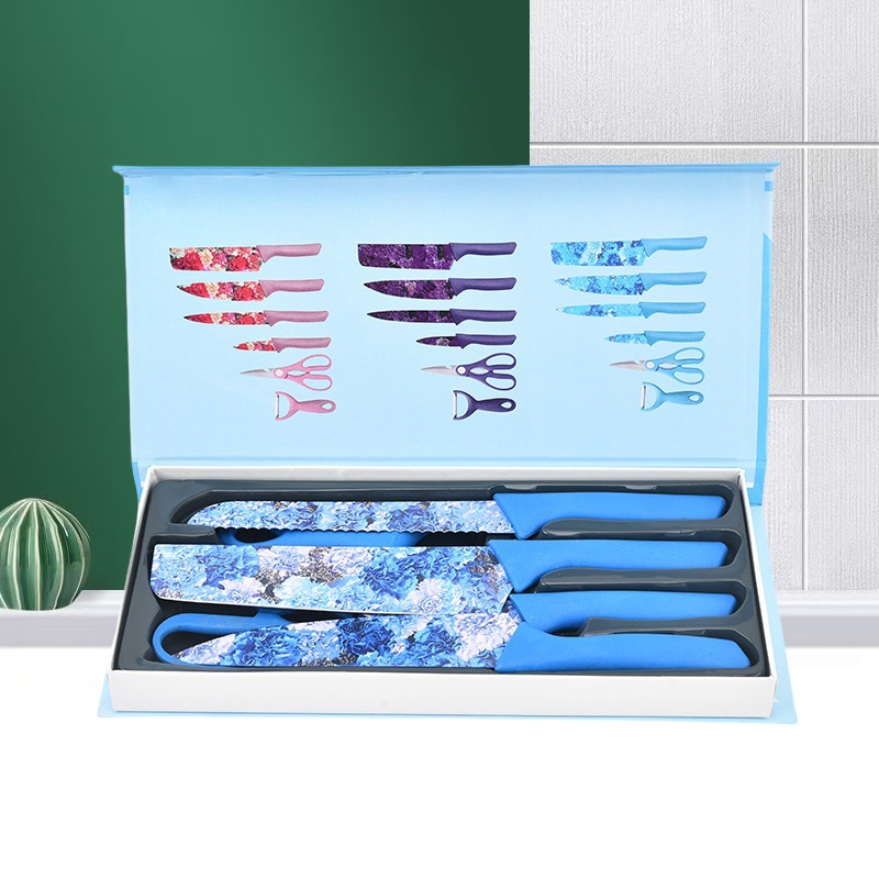 Foreign Trade Knife Stainless Steel Colorful Printed Wheat Straw Six-Piece Knife Kitchen Knife Multi-Purpose Knife Fruit Knife Set