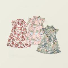 童裝兒童飛袖旗袍2024春夏新款女童中國風花朵福娃印花旗袍裙批發