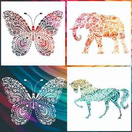 跨境新奇动物图案镂空绘画模板外贸曼陀罗花纹蝴蝶大象马喷绘模板