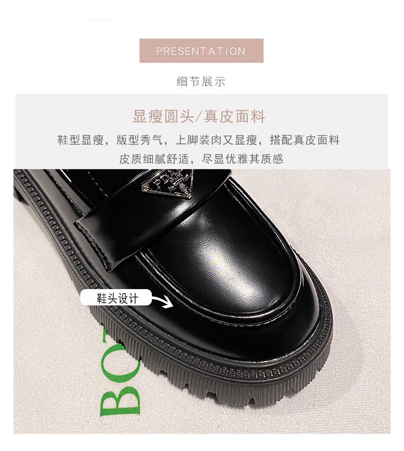Giày lười nữ mũi tròn đế cao gót vừa 3–5 cm, da lìa logo tam giác — Màu đen chi tiết 8