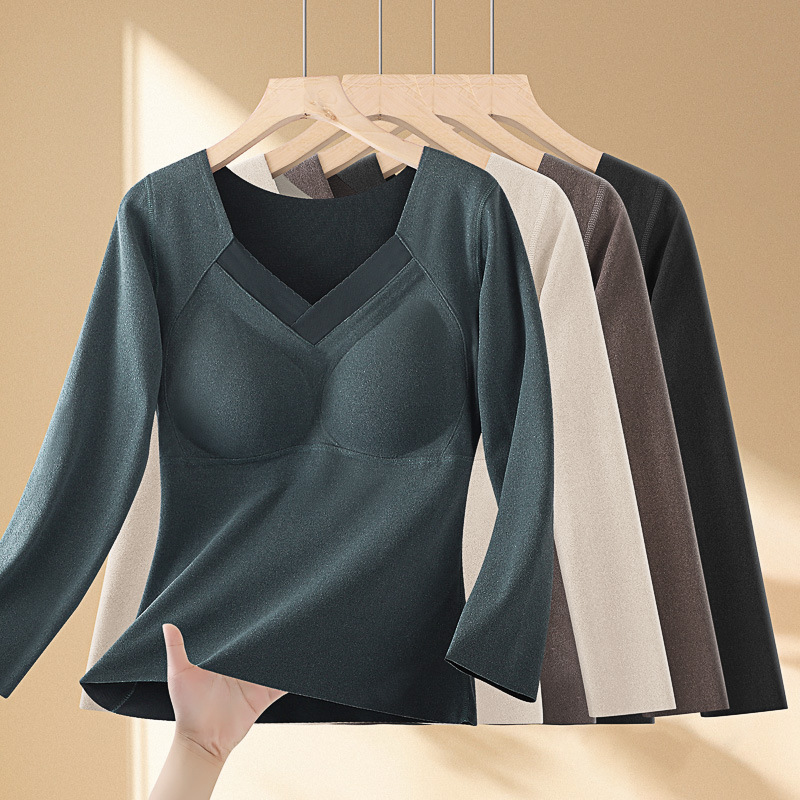 Nuevo top autocalentable de terciopelo alemán de doble cara sin costuras, taza fija, cintura gruesa, ropa de otoño de manga larga, camisa de fondo cálida para mujer