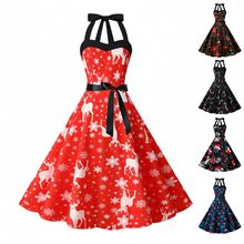 圣诞节跨境外贸2024年新款赫本风高腰显瘦挂脖大摆中长复古连衣裙