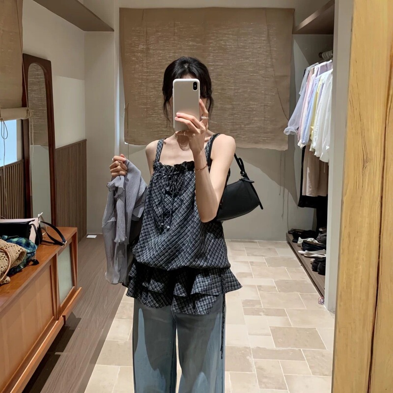 Korean Style Internet Celebrity Plaid Camisole for Women, 2026 Summer New Drawstring Waist Ruffle Slimming Elegant Top Korean Style Internet Celebrity Plaid Camisole for Women, 2026 Summer New Drawstring Waist Ruffle Slimming Elegant Top