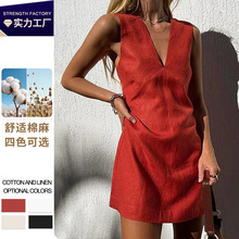 欧美风性感辣妹V领棉麻无袖连衣裙女夏季跨境直筒裙修身背心短裙
