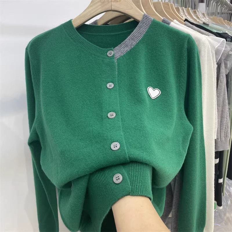 Autumn New Korean Style Round Neck Color-Blocked Patchwork Loose Bottoming Long-Sleeved Wool Knitwear Cardigan Top for Women