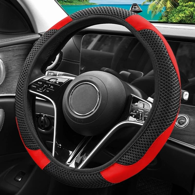 New car steering wheel cover ice silk leather stitching non-slip inner ring summer sweat-absorbing cross-border explosion handlehold cover (Steering wheel cover) - red-38cm