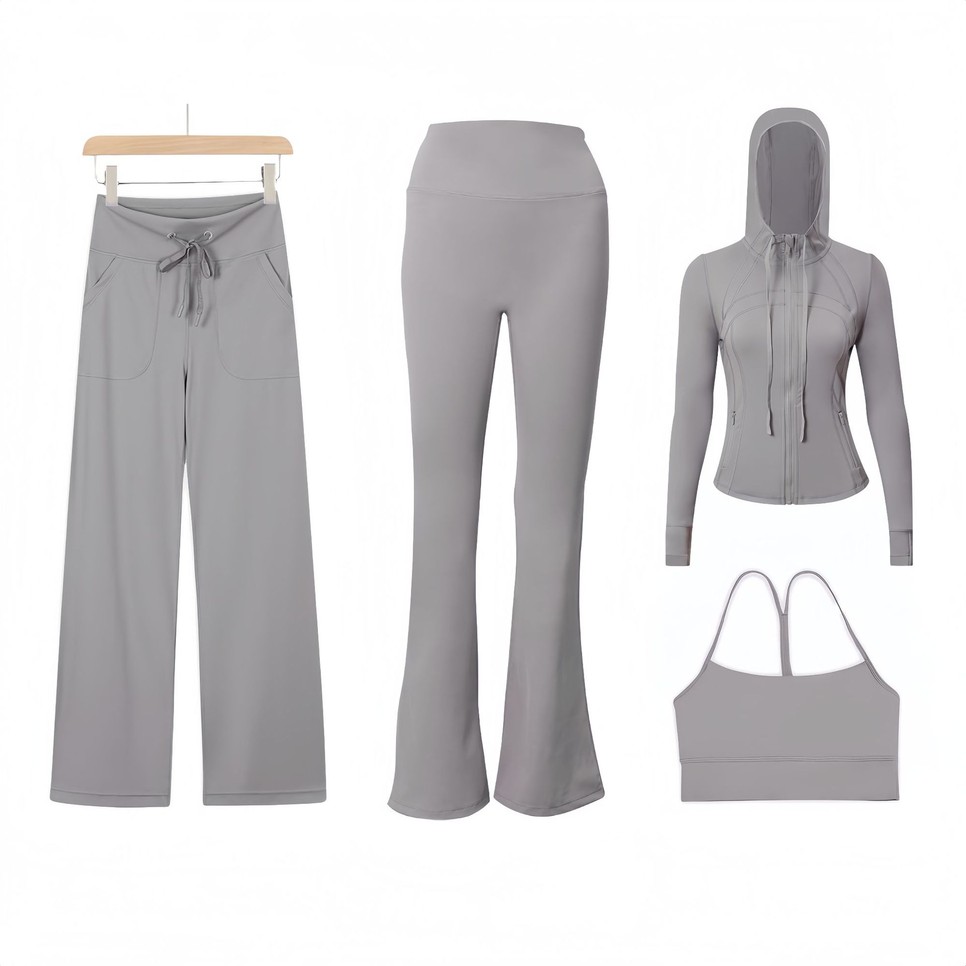 Women's Clothing Women's Y Shaped Vest Hooded Jacket And Flared Pants Set Slim Fit Stretch Outerwear Straight Leg Pants Four Piece Sportswear_voghion.com