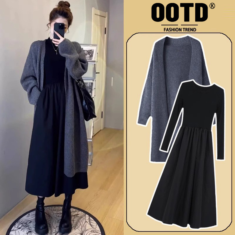 Autumn and winter suit lazy style cardigan sweater design sense dress pregnant women dress two-piece set Autumn and winter suit lazy style cardigan sweater design sense dress pregnant women dress two-piece set