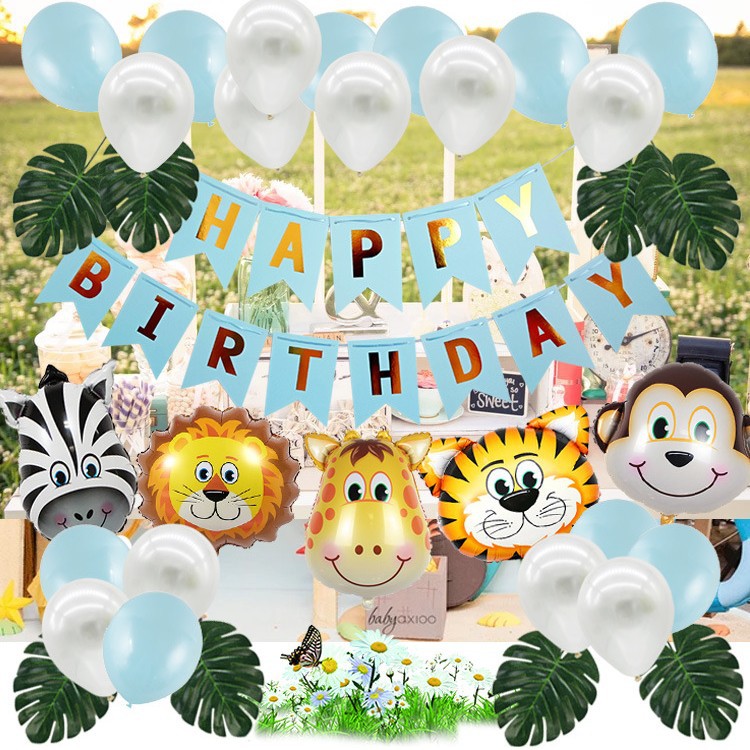 Bosque DE LOS NIÑOS Tema de animales cola de pez tire bandera fiesta de cumpleaños decoración Paquete de globos bebé años de edad decoración del partido