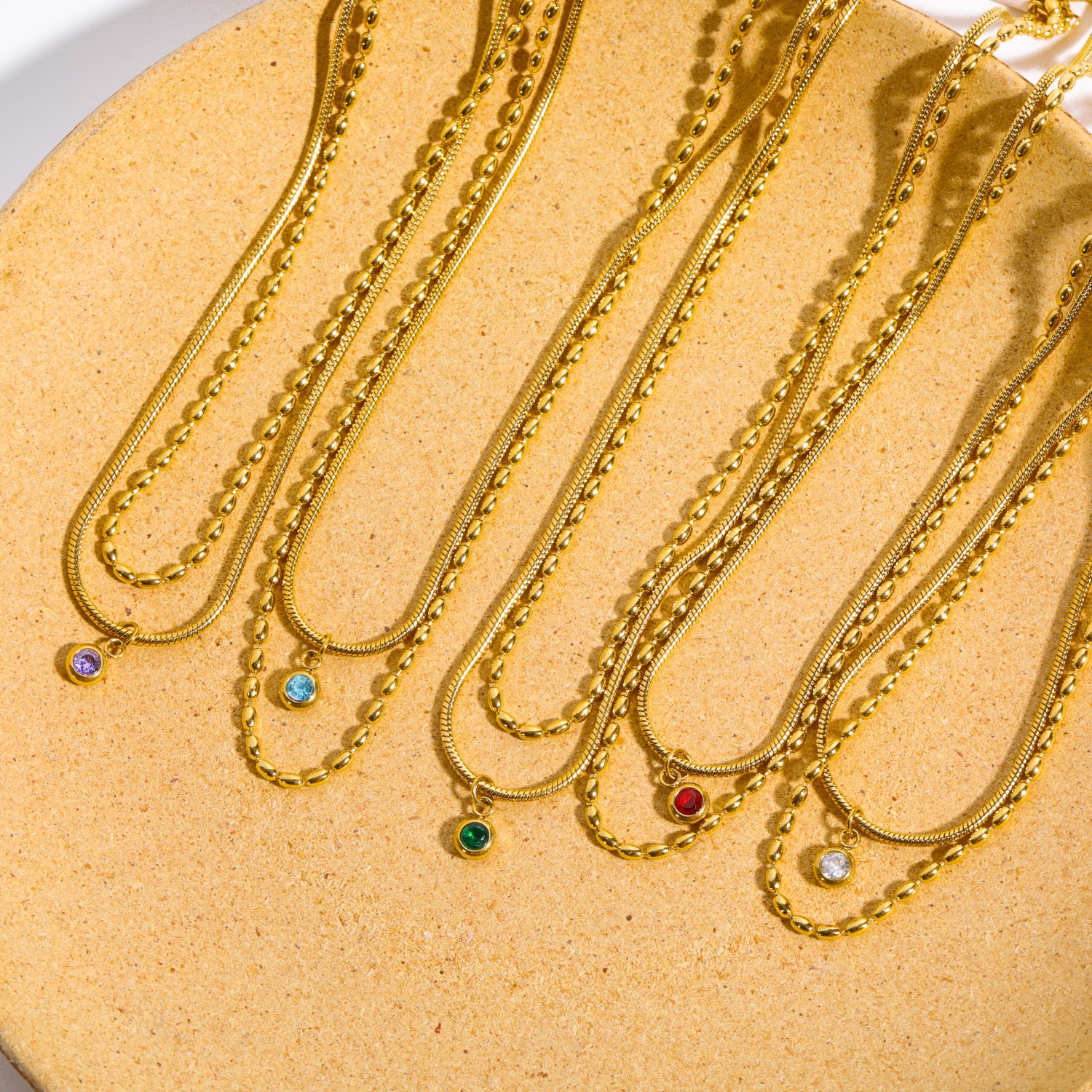 Retro Round Titanium Steel Plating Zircon Layered Necklaces