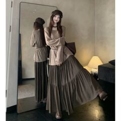 大码女装复古休闲长袖上衣女2025早秋新款胖MM高腰显瘦宽松半身裙