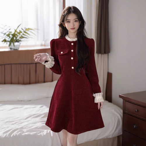 Over the New Year Battle Dress Red Little Fragrance Wind Women's Autumn/Winter Petite Size Annual Meeting Small Formal Dress Chinese Style