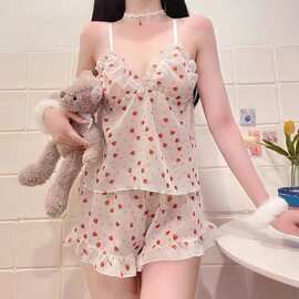 夏季情趣性感少女草莓雪纺睡衣吊带2023新款甜美可爱两件套家居服