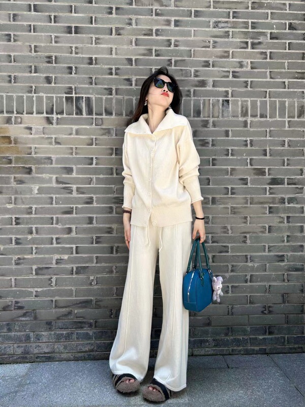 针织套装女秋季新款慵懒风显瘦休闲气质时尚阔腿裤毛衣开衫两件套|undefined