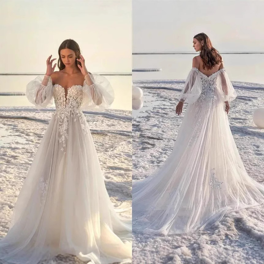 New Style Slimming Lace Long Sleeved Backless Wedding Dress Sheer Mesh Short Train For Travel Photography Women's Clothing_ecoleips.com