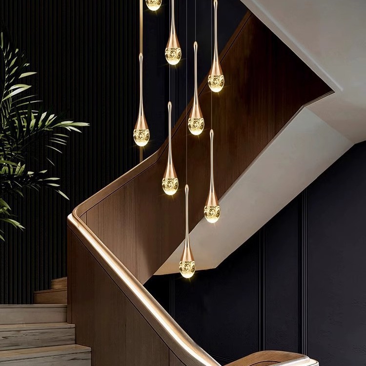 Edificio dúplex lujoso loft giratorio cristal villa escalera lámpara dúplex gran Airbus escalera lámpara de luz larga