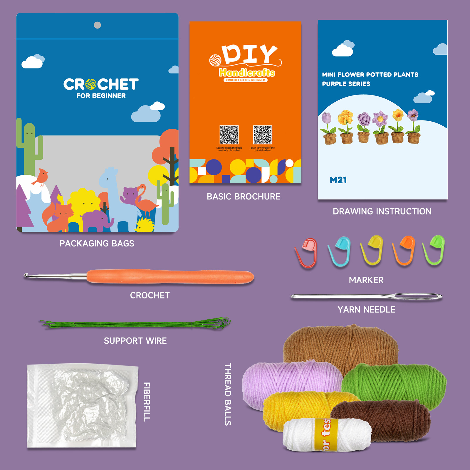 Nou pachet de materiale de croșetat DIY, manual, engleză, țesut, ornamente în ghiveci, linie de lână, bile de lână pentru croșetat_voghion.com