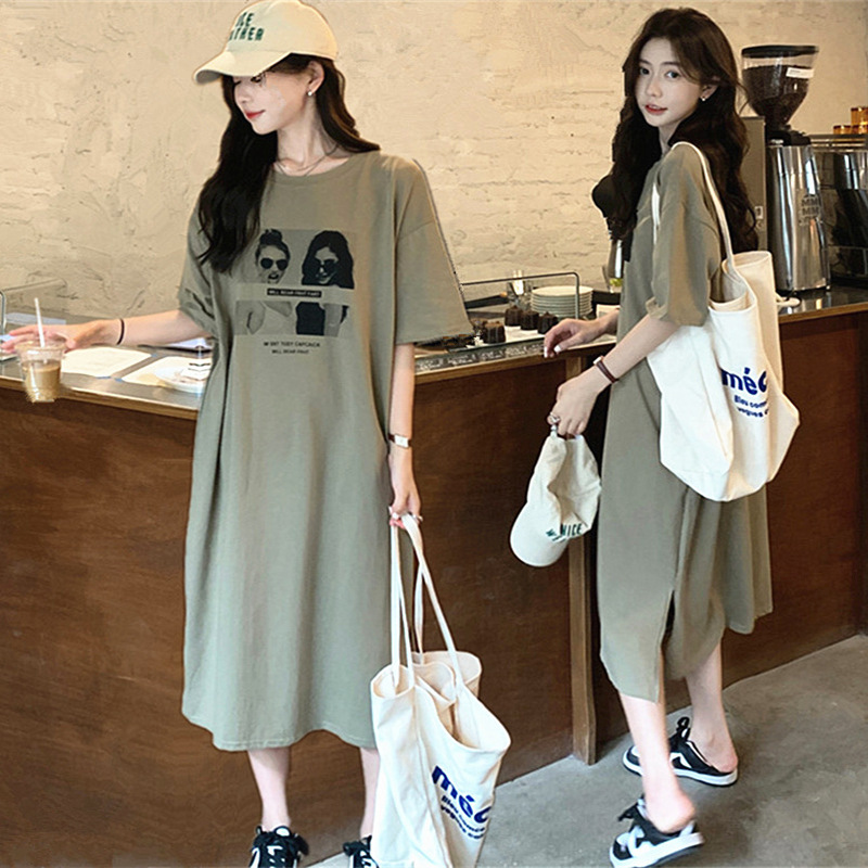 Cotton plus size American-style Printed Split dress Summer Women's Mid-length Loose Casual Short-sleeved T-shirt Long Skirt