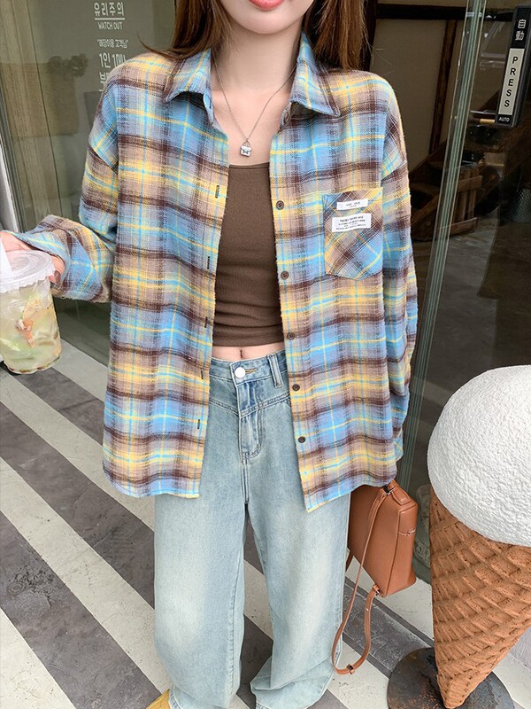 韩系撞色格子衬衫外套女秋季宽松慵懒风长袖衬衣开衫上衣|undefined