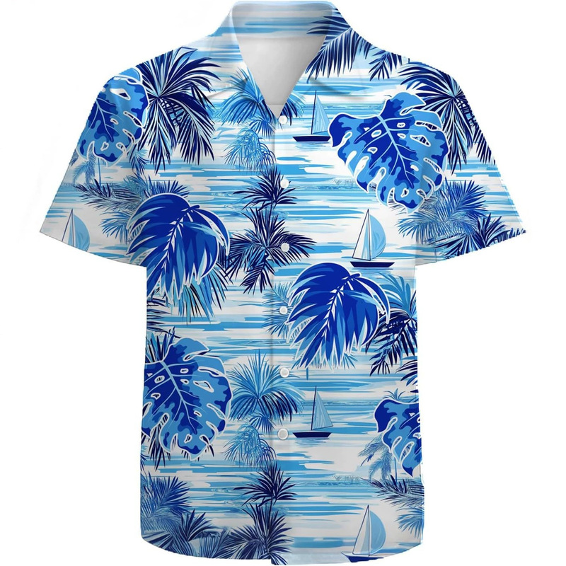 2026 Summer Men's Hawaiian Short-Sleeve Shirt, Blue Coconut Tree, Turtle Leaf, Sailboat, Island Print, Loose Fit