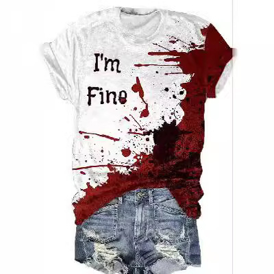 2025 Cross-Border European and American New Women's Clothing Letter 3D Printed Round Neck Short-Sleeved Halloween T-Shirt Women's Horror Theme t