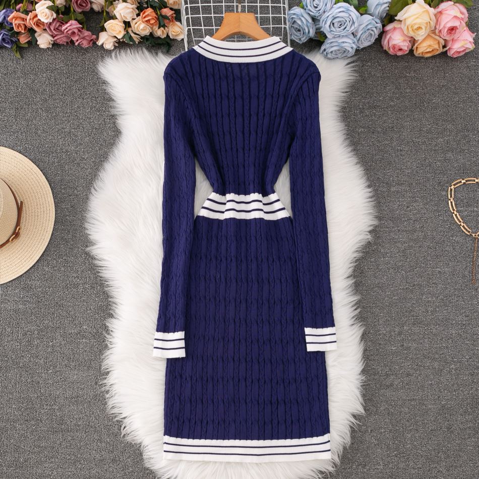 Slim Fit Knit Dress With Striped Pattern, Elegant High Waist Sweater Dress For Women, Casual Office Wear, Long Sleeve Round Neck Pullover Dress_ecoleips.com