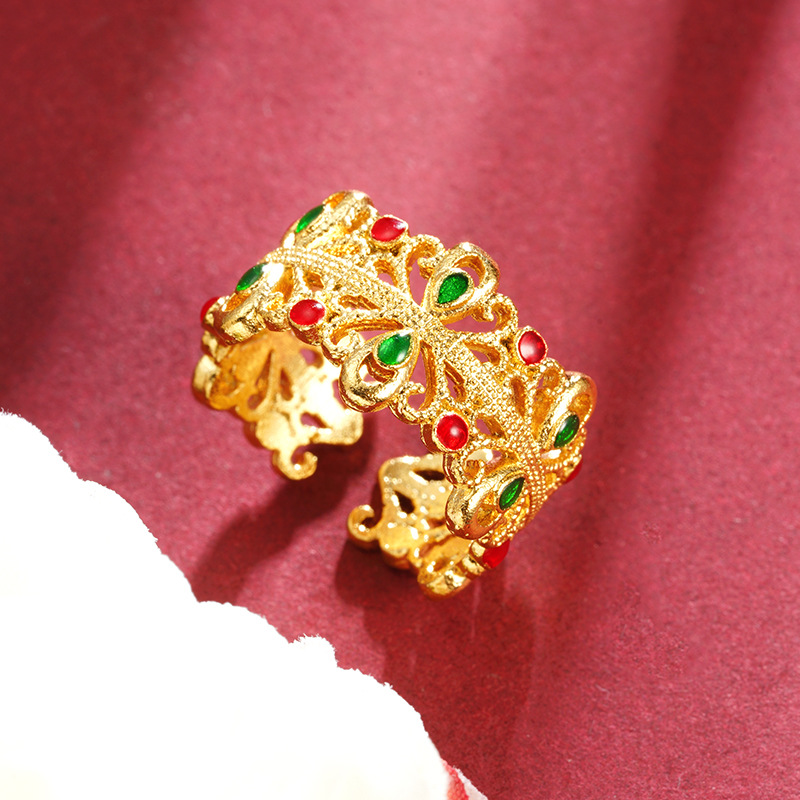 Anillo de oro de Gufasha tallado hueco flor lenglong abertura fuente mujer fábrica de aleación de cobre chapado en oro al por mayor latón