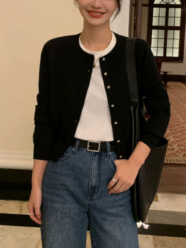 pusume 慵懒漫步 圆领长袖针织开衫女设计感外套收腰短款上衣|undefined