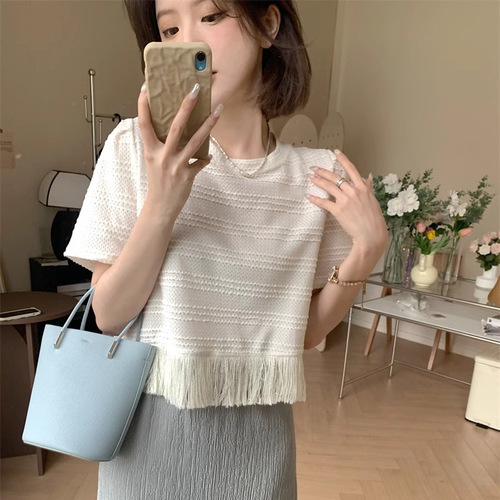 Summer Korean Style Fashion Texture Knit Solid Color Fringe Edge Short Sleeve Top for Women