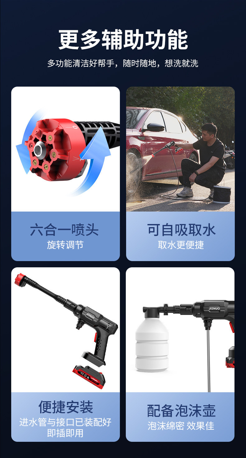 Jeno Wireless Car Washing Machine High-Pressure Water Gun Household High-Power Booster Pump Lithium Battery Super Pressure Cleaning Tool