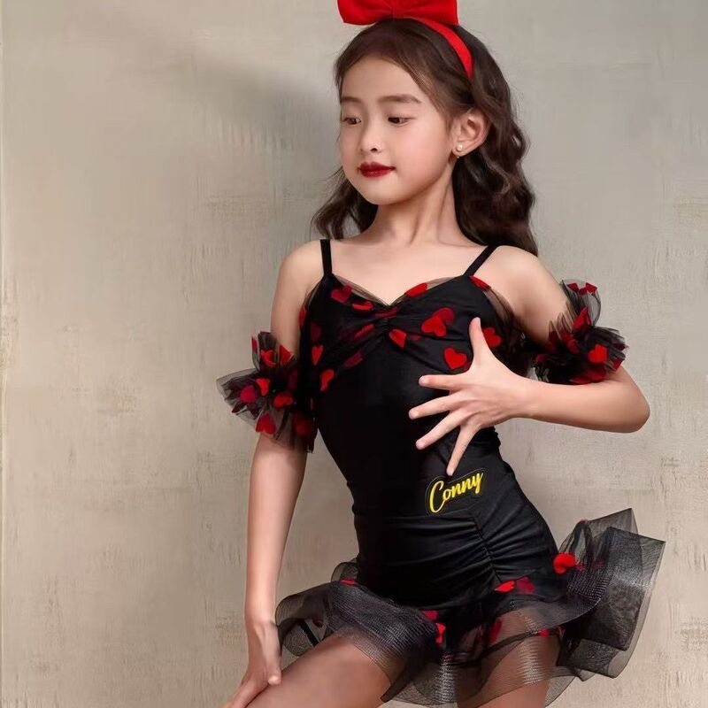 コニーダンス服子供ラテンダンスかわいいふわふわプリンセススーツ赤いノースリーブサスペンダー練習服女の子パフォーマンス|undefined