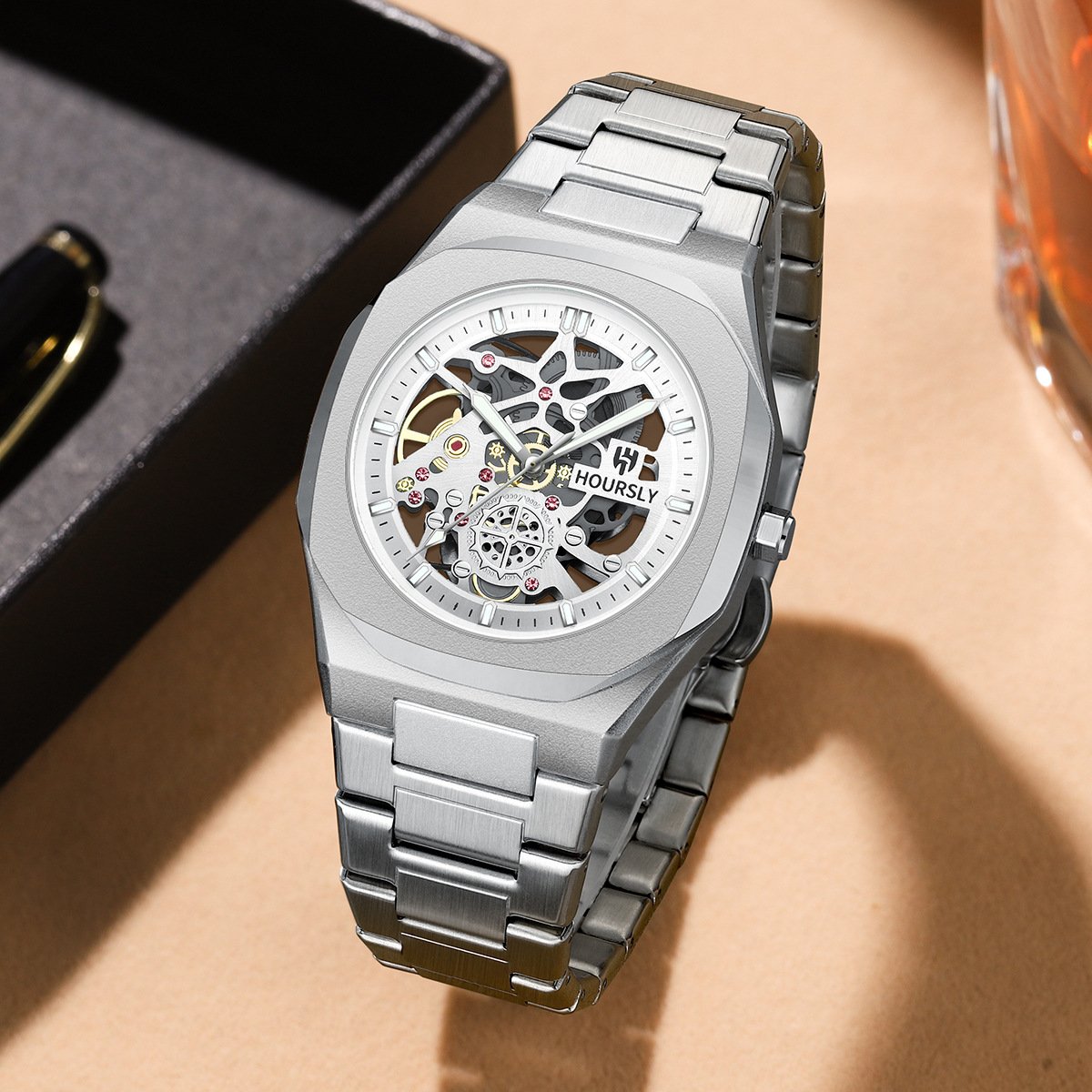Relojes transfronterizos de venta caliente en Europa y los Estados Unidos relojes impermeables de la marca hoursly para hombres relojes mecánicos falsos relojes de cuarzo de acero inoxidable image 5